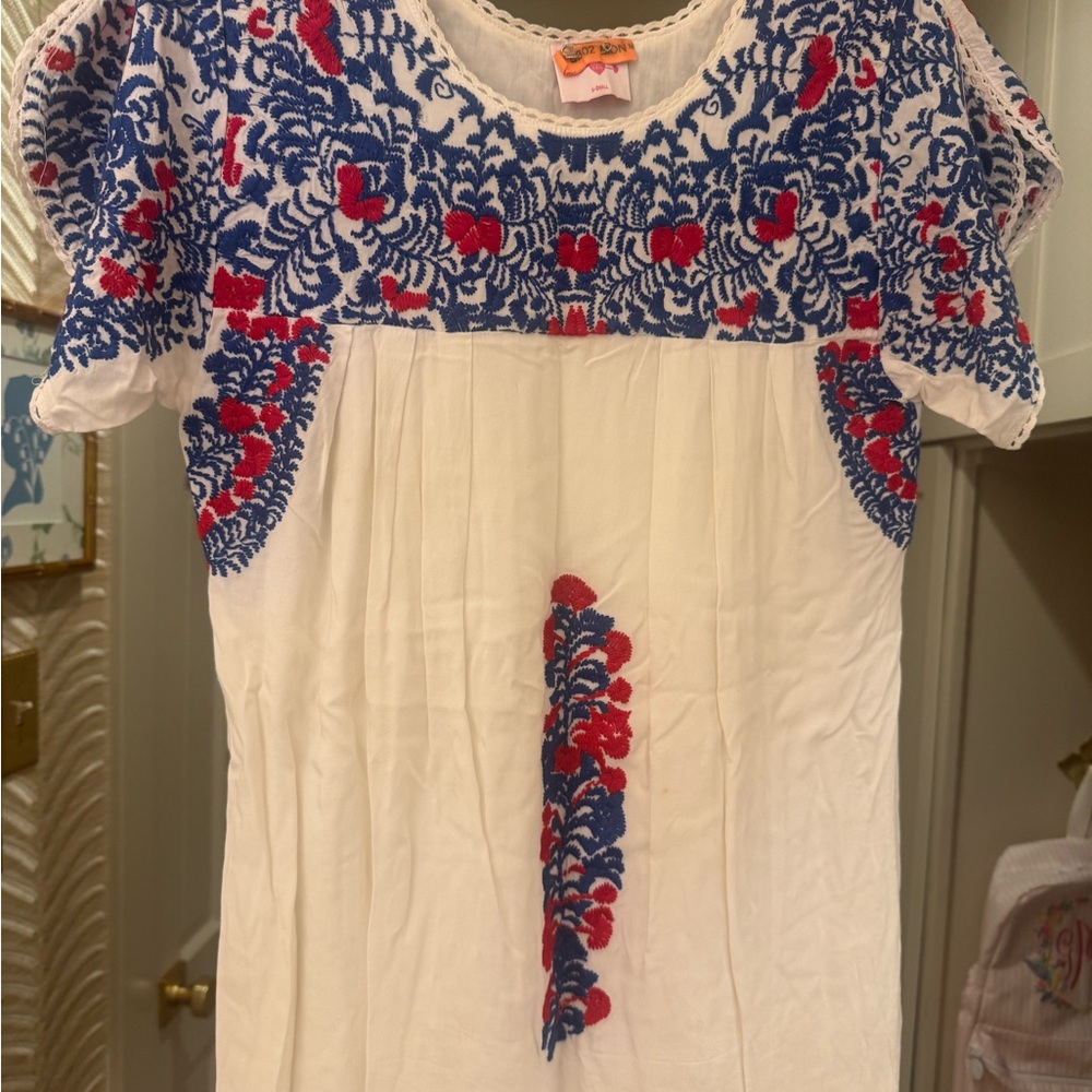 J. Marie White Dress with Blue and Red Embroidery: Used Condition